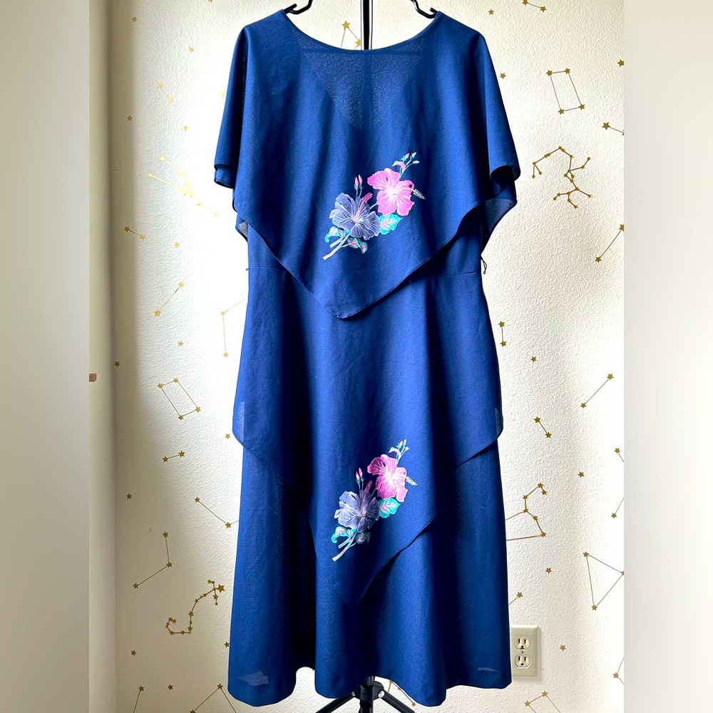 Vintage Gilberti Blue Capelet Midi Dress with Purple/Blue Floral Graphic 70s
